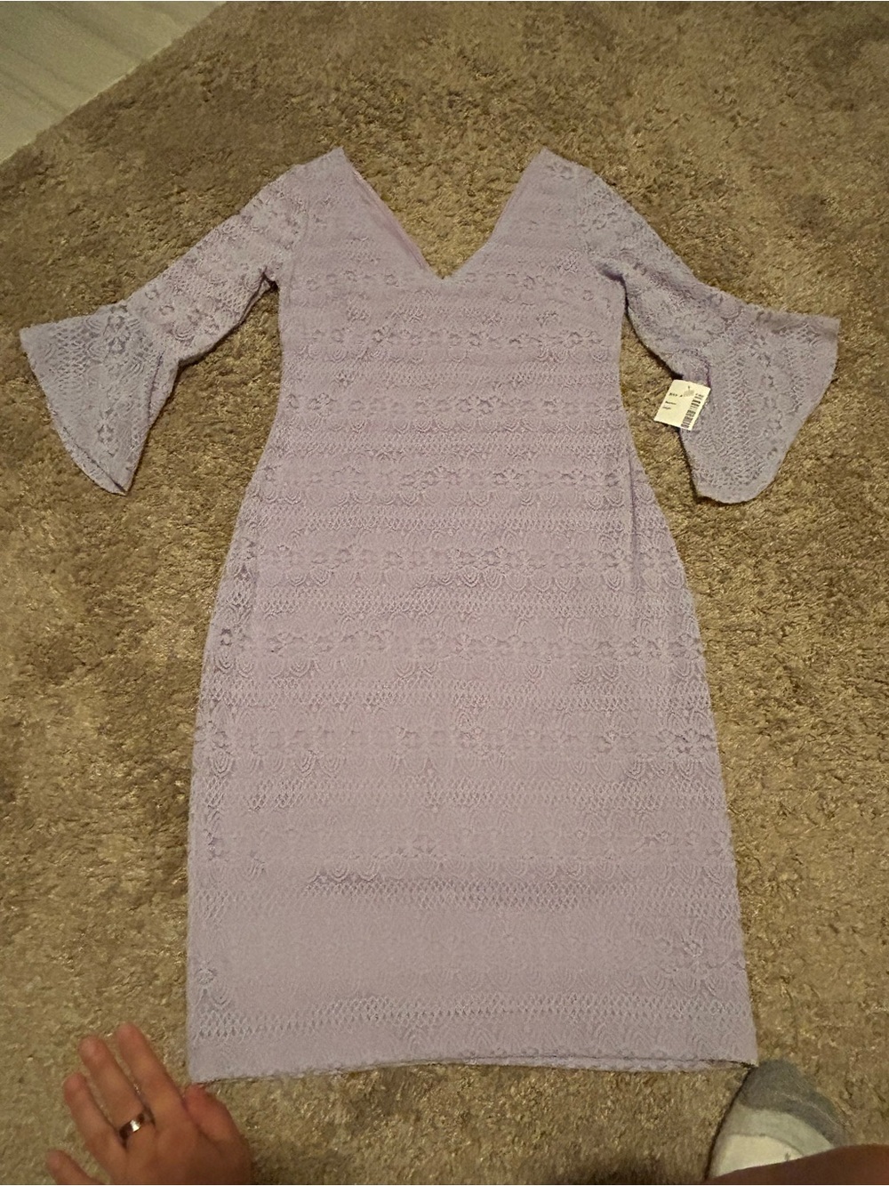 Kensie Lavender Lace Midi Dress with V-Neck and Bell Sleeves